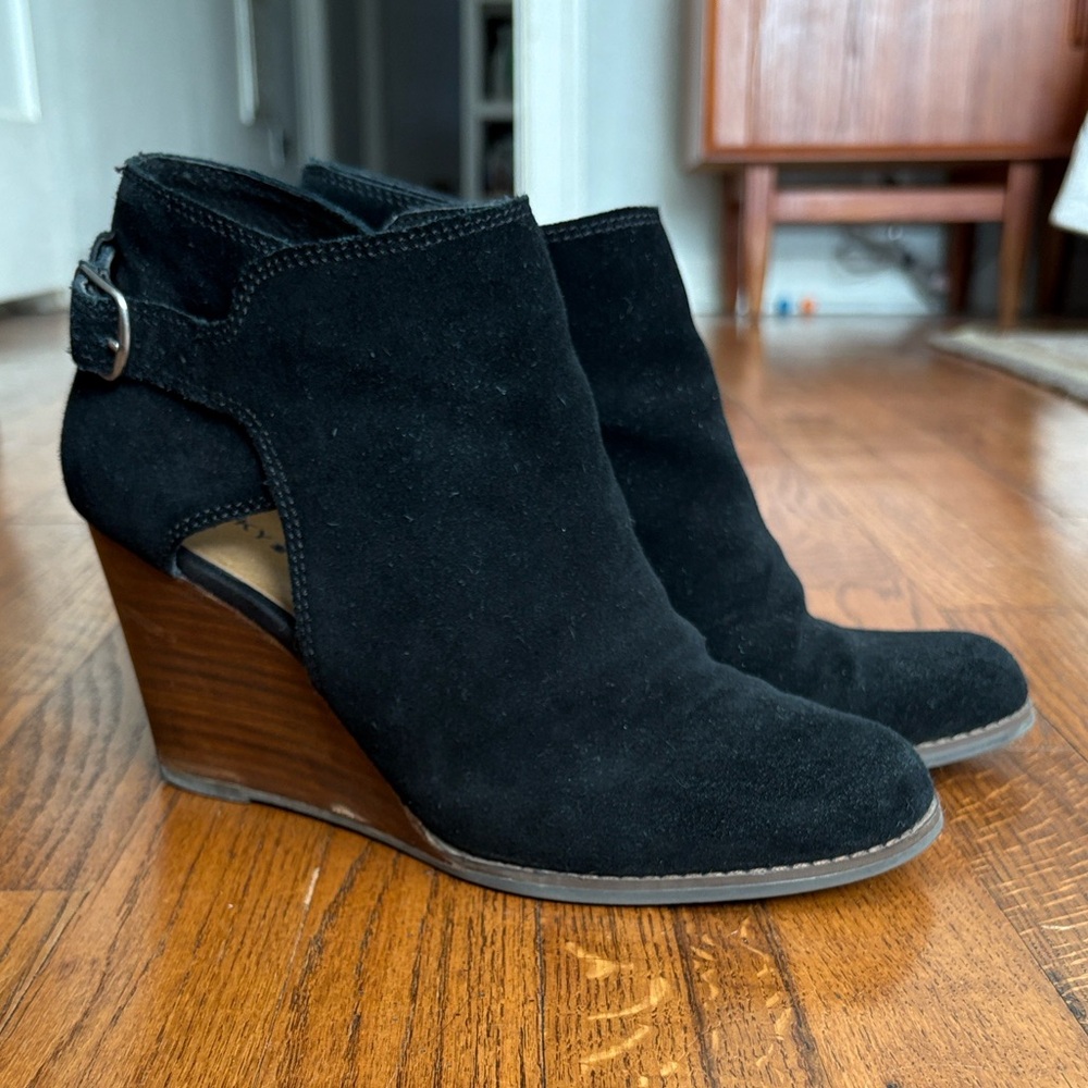 Lucky Brand Black Suede Wedge Booties